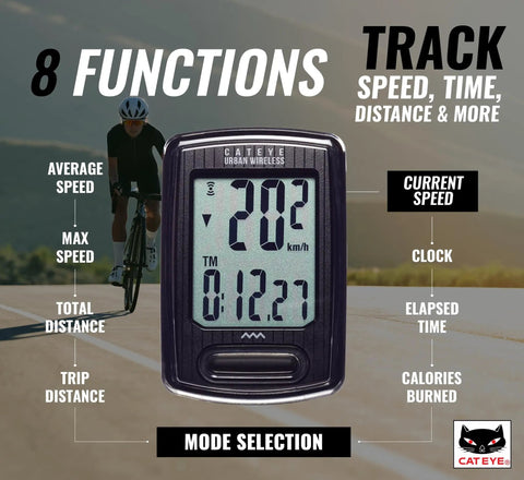Urban Wireless Bike Computer With Analog Speedometer And Odometer, Calorie Tracking, FlexTight Mount, clear display features.