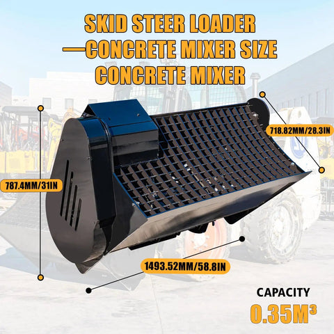 92 Gallon Skid Steer Concrete Mixer Attachment Universal SSQA Hydraulic Cement Bucket For Bobcat Kubota John Deere, side view.