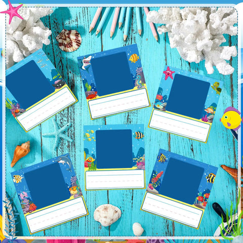 Ocean Themed Photo Nameplates For Desks 48 Pack Self Adhesive Name Tags With Photo Space on blue coral and shell background