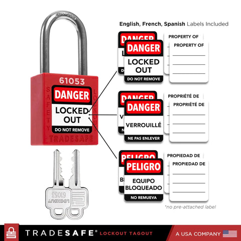 Red safety padlock with "Danger Locked Out" tag, keys, and multilingual labels for lockout tagout station with LOTO devices.