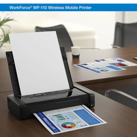 Portable Wireless Color Mobile Printer With Built In Battery For On The Go Printing, Compact Travel Friendly Design, Flexible Battery Charging Options For Photos And Documents shown printing a document on a desk.