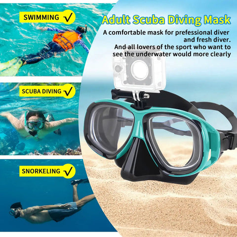 Myopia Friendly Snorkeling Set For Adults And Youth With Dry Top Silicone Mask, camera mount displayed on sandy beach