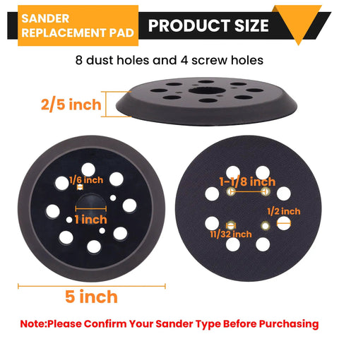 Close-up of 5 Inch Sander Replacement Pad Kit With 4 Hook And Loop Foam Backing Pads and 30 Sanding Discs showing dimensions