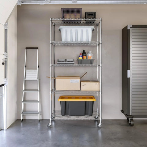 Commercial Grade Steel Wire Shelving Unit Five Tier Adjustable Storage Rack 36 X 24 X 76 Inches Zinc Plated in a garage setup.