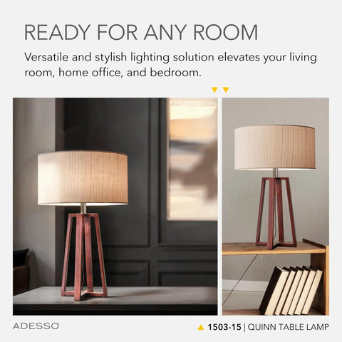 Quinn Table Lamp With Walnut Birch Wood Base And Natural Linen Shade on table, modern nightstand or desk light, warm glow