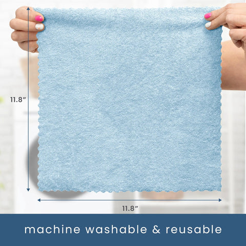 Front view of blue microfiber cleaning cloth held by hands; measures 11.8 x 11.8 inches.