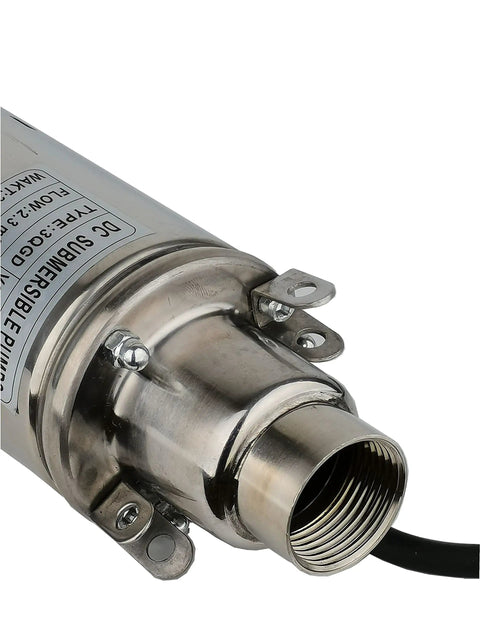Close-up of Solar Submersible Well Pump 24V DC 260W Deep Well 3 Inch Stainless Steel Screw Pump 2300 Liters Per Hour 1 Inch Outlet