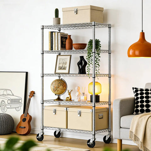No Sweat Five Tier Rolling Storage Shelving Unit With Hella Sturdy Chrome Steel Wire Racks And Locking Caster Wheels For Heavy Duty Garage Kitchen Pantry And Basement Organization Plus 1750 Lbs Load Capacity with decorative items.