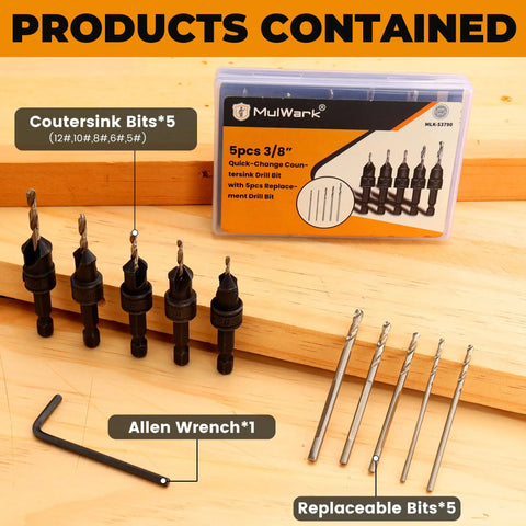 Woodworking Pro Grade Countersink Drill Bit Set 11 Piece With Adjustable Depth And Tapered Countersink Bits Replaceable Pilot Bits Allen Wrench Quick Change Hex Shank In Three Eighths Inch Storage Box on display.