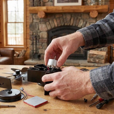 Fireplace Fan Motor Kit Replacement For Wood Stove Fans Universal Stove Fan Motor High Performance Heat Powered Vent Easy Install No Fuss Wide Compatibility With Most Wood Stoves, hands fitting motor on black stove fan