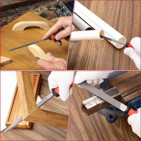 Pro Grade Heavy Duty 17 Piece Metal File Set With T12 Drop Forged Alloy Steel being used on wood, metal, and plastic.