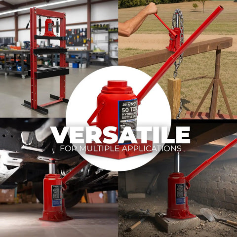 Built Tough 50 Ton Hydraulic Bottle Jack With 100000 Lb Capacity lifting under a vehicle, showcasing versatility for various applications.