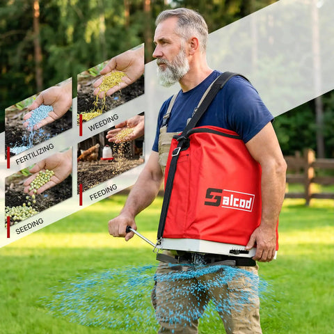 Man using Big 25 Lb Seed Spreader For Lawn And Garden, Adjustable Handheld Fertilizer And Grass Seed Spreader With Shoulder Strap