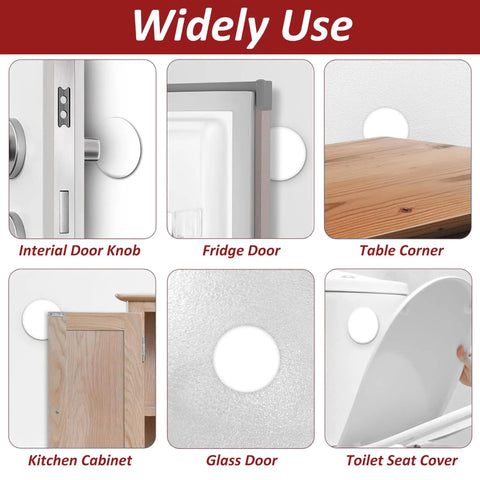 White Round Door Knob Wall Shield Self Adhesive Protector on various surfaces like doors, table corners, and glass, showcasing versatility.