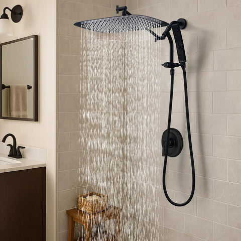 Premium 16 Inch All Metal Rain Shower Head With Handheld Combo In Matte Black showcasing water cascading from a wide rain shower.