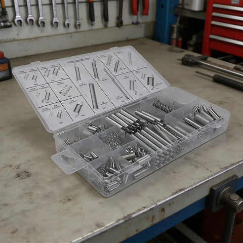 Grab Your Ultimate 200 Pcs Tension Compression Spring Assortment Kit With Organized Box For Automotive Repair, Tool Maintenance, And DIY Projects Featuring 20 Sizes Of Heavy Duty Metal Extension Coil Springs. Organized clear plastic box with metal tension and compression springs on a workshop bench