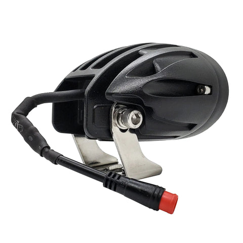 Back view of Neon Yellow High Output LED Headlight for E Bikes and E Scooters with Julet Type Plug and aircraft-grade aluminum body.