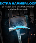 Close-up of Go-To Heavy Duty Drywall Carpenter Tool Belt With 22 Pockets, showing extra hammer loop with oil-tanned leather.