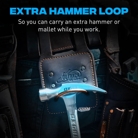 Close-up of Go-To Heavy Duty Drywall Carpenter Tool Belt With 22 Pockets, showing extra hammer loop with oil-tanned leather.