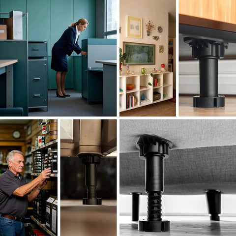 Heavy Duty Adjustable Furniture Leveling Feet Set Of 12 For Beds Desks Cabinets Shelves And Workbenches Non Slip Commercial Grade Support Easy Install Supports Up To 1000 Lbs Each Adjustable From 3.5 To 6 Inches in various settings including office, home, and workshop environments.