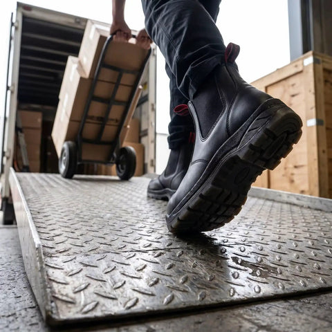 Person wearing Men Slip On Work Boots With Composite Toe Lightweight Tough As Nails Water Resistant Electric Hazard Safe Anti Static Insulated Fire Station Mechanic Boots For All Day Comfort On The Job carrying boxes on a ramp