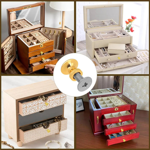 Gold Finish Mini Drawer Knob Set, 12 Pack Half Inch Small Cabinet Knobs With M4 Screws on jewelry boxes and dressers.