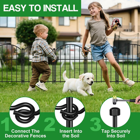 Easy No Dig Garden Fence Kit With 10 Arched Panels, rustproof metal, shown installed, protecting lawn with children and dog playing.