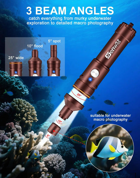 Beefy 2000 Lumen Underwater Flashlight With Three Adjustable Beam Angles illuminating coral, suitable for underwater macro photography.