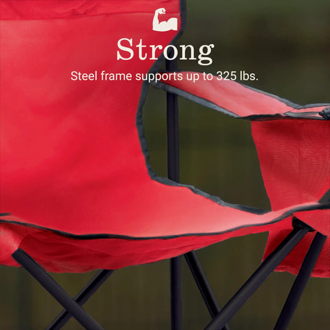Close-up of Portable Camping Chair With Built In Four Can Cooler, Cushioned Seat And Back showing strong steel frame