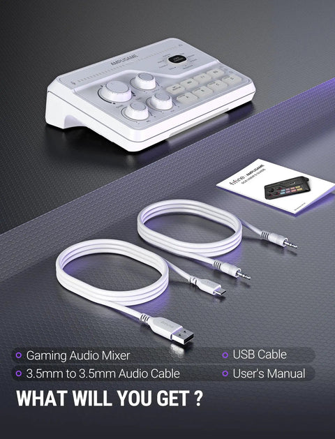 Gaming Audio Mixer With 7 Point 1 Surround Sound, Volume Knob And Mute, USB and audio cables, and user manual displayed on table.