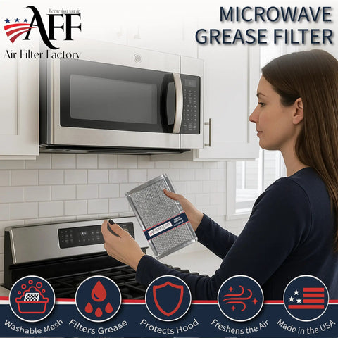 Woman installing Replacement Microwave Grease Filter 12 Layer Aluminum Mesh For WB06X10608 Fits GE Ovens Two Pack