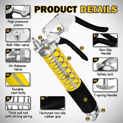 Detailed view of 14oz Capacity Grease Gun Kit With 7000 PSI Leakproof Spray, featuring handle, hose, and Teflon tape.