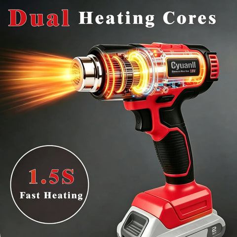Straight Up Heavy Duty Cordless Heat Gun With Digital LCD Display And 350W Rapid Heating Power showing dual heating cores and fast heat feature.