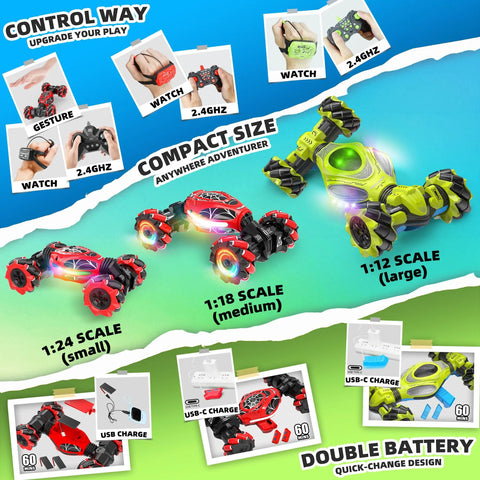gesture sensing RC stunt car with remote and watch control options, available in various scales for versatile play and adventure