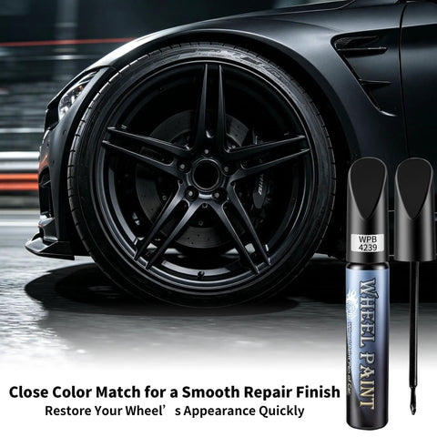 Armor Black Wheel Touch Up Paint Straight Up Easy Fix For Curb Scuffs On Tesla Model Y And Model S Crossflow Induction Alloys, close-up of rim with paint pen.