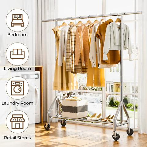 Built Like A Tank Heavy Duty Steel Rolling Clothes Rack Holds 450 Lbs With Sturdy Shelves For Hanging Jeans Coats Dresses Portable wardrobe in a bright room with natural light.
