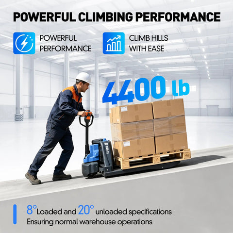 Two Pack Heavy Duty Electric Pallet Jack With 4400 Lbs Capacity Motorized Forklift Truck For Warehouse Work, features operator using jack on steep surface.