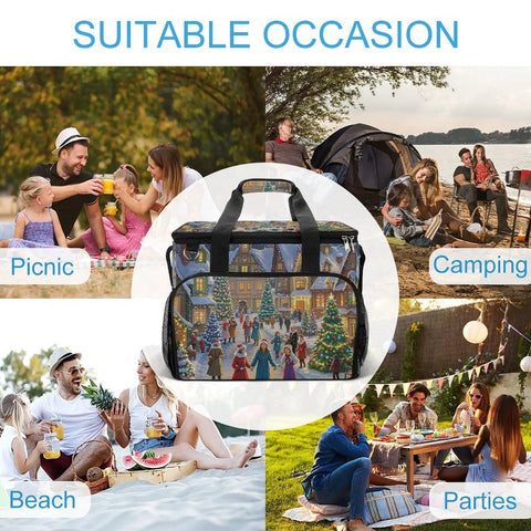 Insulated Picnic Backpack Tote Bag 30L for beach and camping, showing various outdoor activities and Christmas themed design.