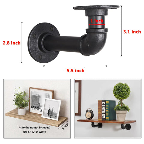 Built Heavy Duty L Shape Pipe Shelf Brackets For 6 To 12 Inch Lumber Solid Iron Wall Mount Braces, detailed view with dimensions.