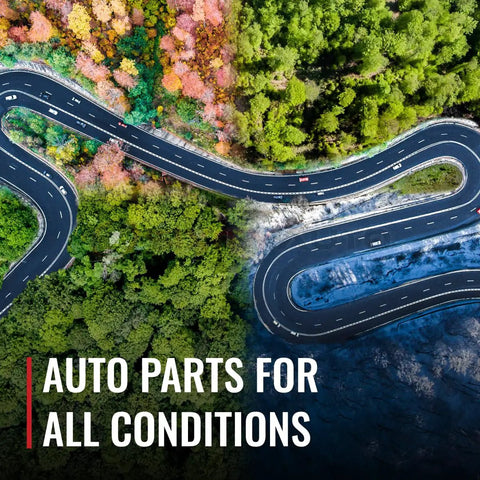 Winding road through colorful forest with 'Auto Parts for All Conditions' text overlay.