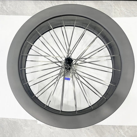 Top view of 700c Carbon Road Bike Wheelset with Deep Section 60 65mm Aero Rims Matte Black Lightweight Spokes for Beast Mode Speed