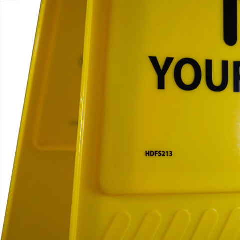 Close-up view of Heavy Duty Double Sided Watch Your Step Caution Sign with high-visibility yellow color for safety.