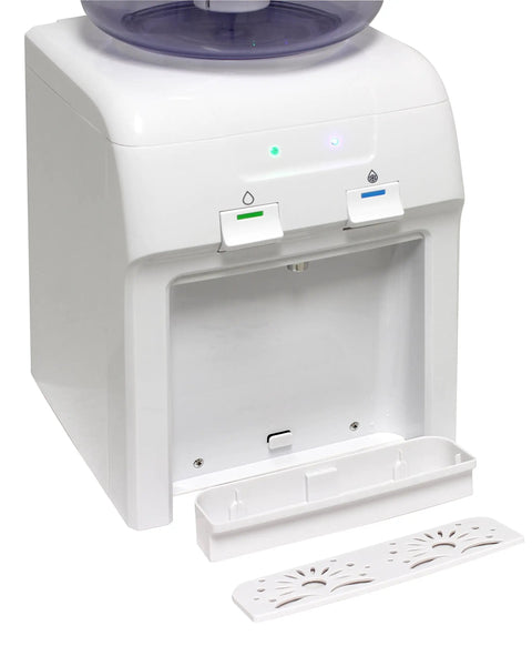 Countertop Water Dispenser With Room And Cold Water, White Finish, Dual Spigots, no fuss push button controls, removable drip tray visible