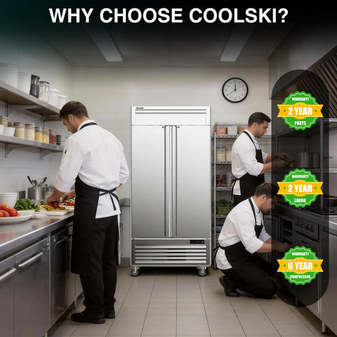Heavy Duty Two Door Reach In Commercial Freezer, 35 Cu Ft with chefs preparing food in a busy kitchen.