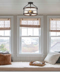 Rustic Farmhouse 14 Inch 3 Light Semi Flush Mount Ceiling Light With Crackle Glass Shade in cozy living space