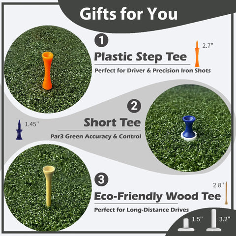 Three different types of golf tees on green turf, labeled as gifts, used with Premium Dual Turf Golf Mat 5x4ft Thick 1.57in.
