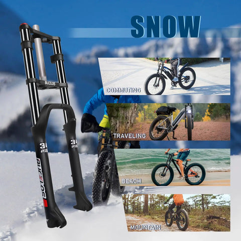 26 Inch Fat Tire Front Suspension Fork For E Bikes And Snow Beach Mountain Bikes, 180mm Travel, shown with usage examples