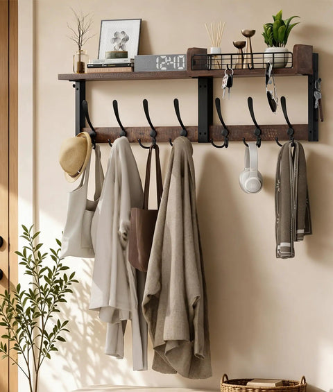29 Inch Modular Coat Rack Wall Mount With Shelf And Seven Triple Hooks Straight Up Designed To Handle Your Daily Grind Keep Entryway Neat While Grabbing Coats Jackets And Bags On The Fly Brown with hats and bags
