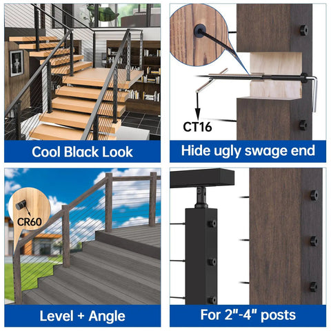 Hidden End Swage Receiver Kit 20 Pack 1/8 Inch Black Invisible Cable Railing Hardware For 2x2 And 4x4 Posts with CR36 Design