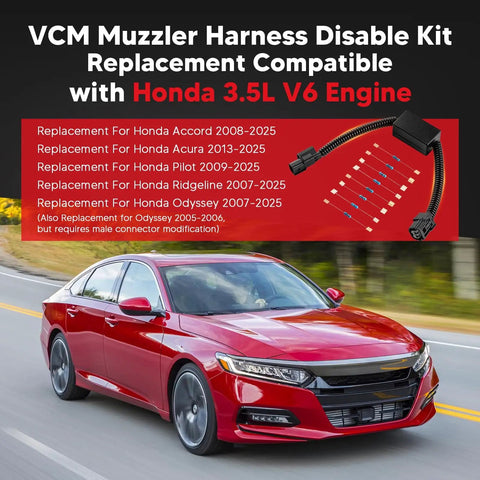 Honda VCM Muzzler Harness Disable Kit Replacement For 3.5L V6 Engines displayed with a red Honda Accord on the road
